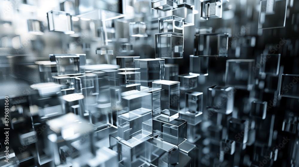 Poster modern 3d tech wallpaper using abstract glass shapes and binary codes, technology background busines