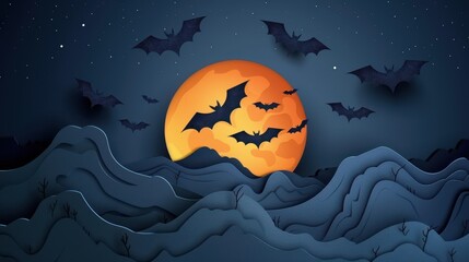 Fototapeta premium A drawing of bats flying around a large orange moon