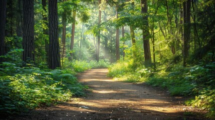 Obraz premium Sunbeams in a Forest Path.