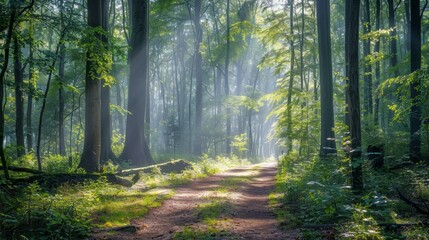 Obraz premium Sunbeams Through the Trees in a Forest Path.