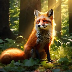 The beautiful fox in the greenish forest generative in Ai.