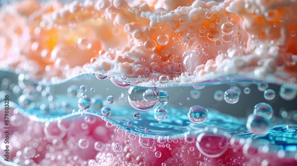 Poster a close-up image of colorful bubbles rising through a liquid surface, creating a mesmerizing pattern