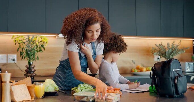 Home, phone call and mother with child for lunch, preparation and multitasking in morning. Kitchen counter, little girl and mom with mobile, communication and packing food in container for kid