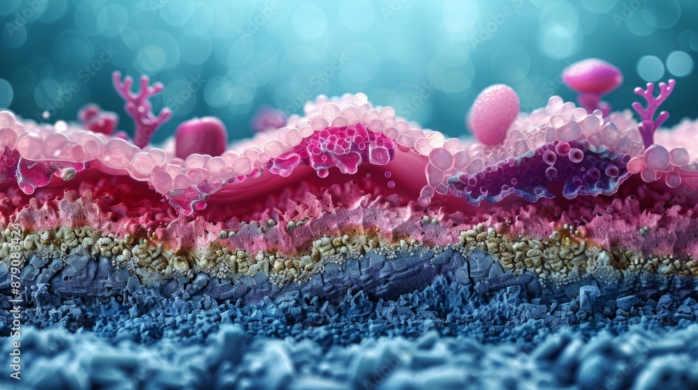 Poster an abstract image with a close-up view, of a colorful landscape with pink and purple structures.