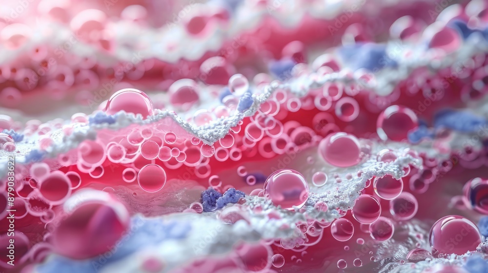 Poster a close-up macro photograph of a pink and white surface, with many different sized bubbles, creating