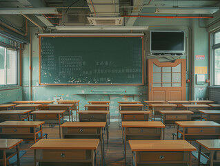 教室中的黑板和桌椅