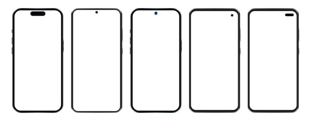 Smartphone mockup collection. Mockup realistic models smartphone with shadow and blank screens for your design. Isolated on transparent background. Vector illustration 2023 - 2024