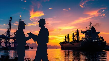 Fototapeta premium Silhouette of two workers discussing amidst a vibrant sunset at a busy port with cranes and a cargo ship in the background.