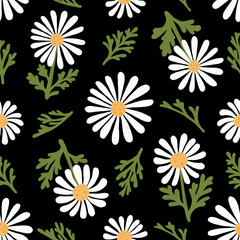 Chamomile seamless pattern. Hand drawn white daisy flowers and green leaves scattered on black background. Cute summer wildflower floral wallpaper. Cute raster allover illustration