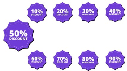 Different percent discount sticker discount price tag set. Red round speech bubble shape promote buy now with sell off up to 20, 30, 40, 50, 60,70, 80, 90 percent vector illustration isolated on white