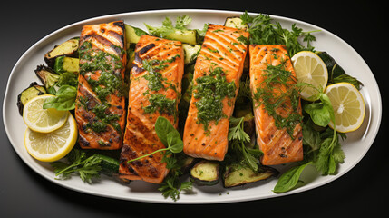 Grilled salmon fillet with baked potatoes, zucchini, asparagus, lemon slices and herb salad on a plate on a dark background