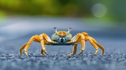 Fototapeta premium Closeup of a Yellow Crab on a Grey Surface