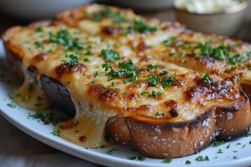 A plate of Welsh rarebit, melted cheese on toast with a savory sauce, garnished with fresh parsley. 