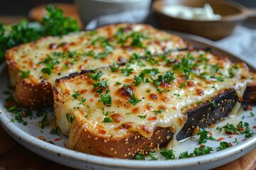 A plate of Welsh rarebit, melted cheese on toast with a savory sauce, garnished with fresh parsley. 