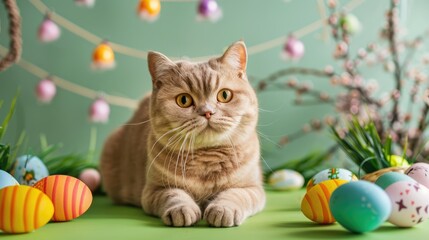 Scottish Fold cat with Easter decorations on green backdrop