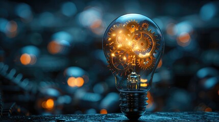 Innovation: A lightbulb with gears inside, illustrating the concept of ideas and innovation driving progress. 