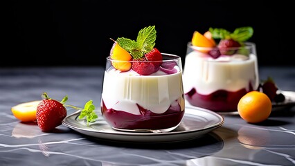 Delicious yogurt dessert with fruit.