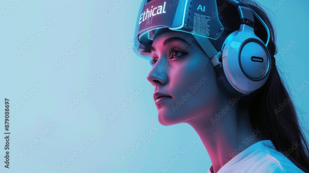 Poster in a stateoftheart lab, a woman interacts with a futuristic ai robot, showcasing advanced technology