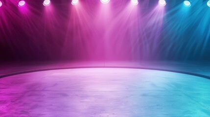 Vibrant stage set aglow with purple and blue lights, awaits an entertaining evening under bright arena lights.