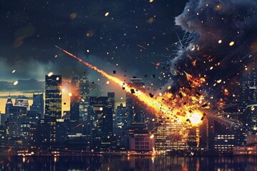 Fototapeta premium Burning comets and meteors streak across the sky, hurtling towards Earth with fiery intensity, illuminating the darkness of space