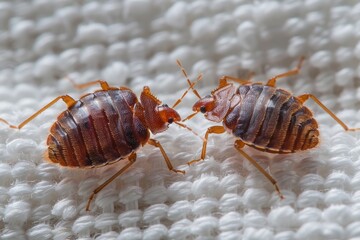 Close-up of two bed bugs on a fabric surface