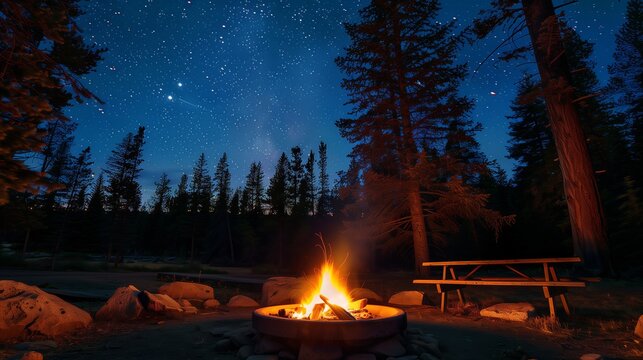 A cozy fire pit under a starlit sky