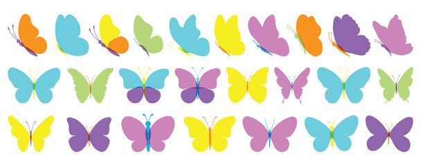 Butterfly collection. Transparent multicolor illustration. Colorful butterflies clipart set. Baby shower design elements. Party invitation, birthday celebration. Spring, summer decoration. Flock,decor