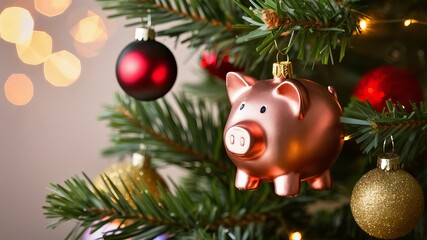 Pigs decorate the pine Christmas tree during the holiday season.