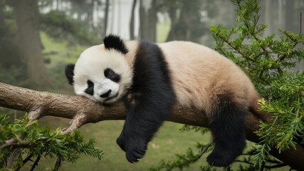 Obraz premium A panda is sleeping on a branch after eating its fill.