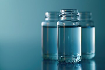 Close-up of clear glass vials with metallic lids against blue background.