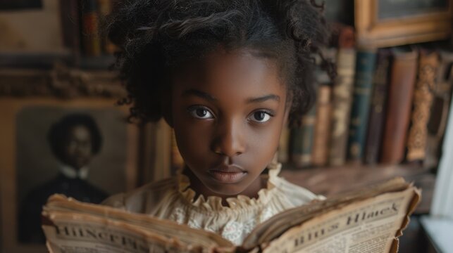 Young girl reading a book about Black history, Black History Month - Powered by Adobe