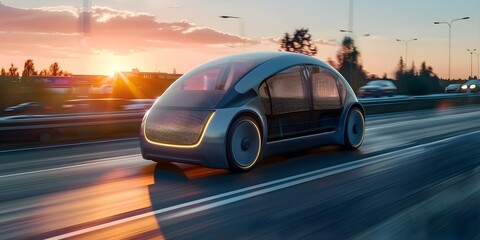 Electric Car with Solar Panels Driving on Highway Through Green Landscape at Sunset. Concept Electric Cars, Solar Panels, Highway, Green Landscape, Sunset