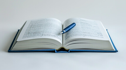 Fototapeta premium A minimalist composition featuring a single open book with a pen resting on its pages, shot against a clean white backdrop, ideal for concepts of writing or journaling