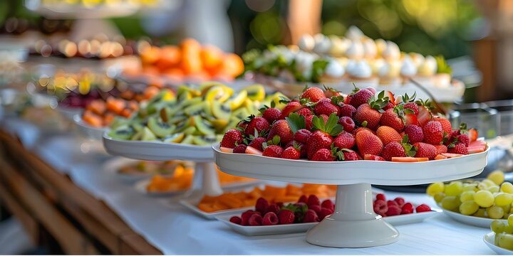 Wedding catering with a modern sweet fruit bar appetizers and desserts. Concept Wedding Catering, Modern Sweet Fruit Bar, Appetizers, Desserts