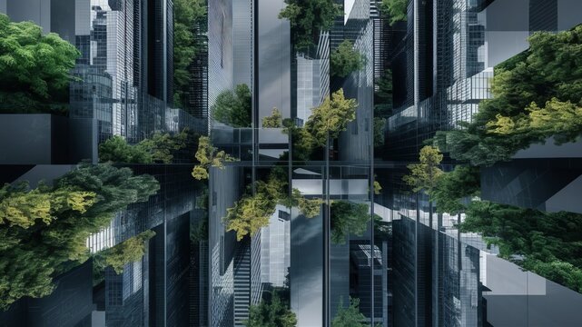 Paradox image of a jumble of building structures, glass, buildings and trees.