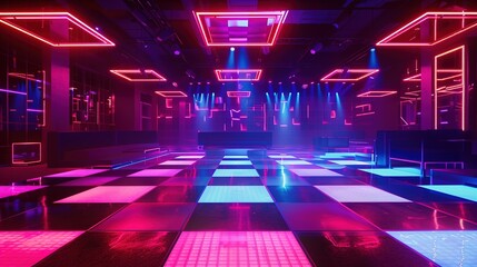 A high-tech nightclub dance floor with interactive LED panels, lasers, and a dynamic lighting system enhancing the party vibe.