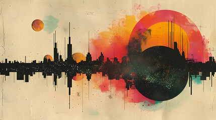 Abstract Cityscape Illustration with Watercolor Background