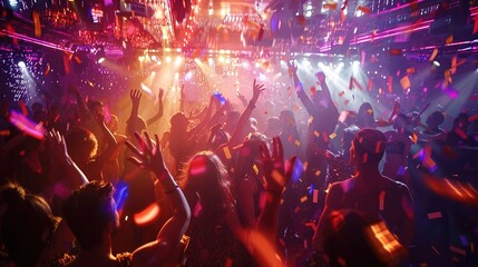 Obraz premium A lively dance-off happening in the center of a nightclub, surrounded by cheering crowds and dynamic lighting effects.