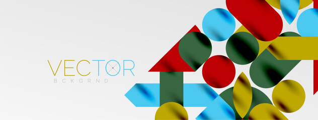 Mosaic geometric elements. Colorful circles, round geometric shapes and lines with shadow 3d effects. Simple forms abstract background for wallpaper, banner, template or landing