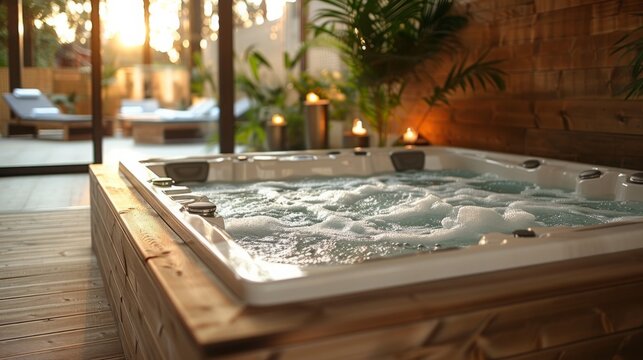 A hot tub filled, with bubbling water sits on a wooden deck.