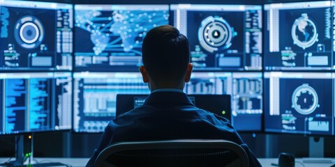 A cyber security professional observes digital information on various screens in an advanced control room AIG62