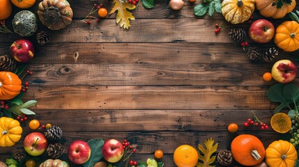 Thanksgiving with autumnal fruits and vegetables on wooden surface during harvest season