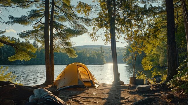 A peaceful lakeside campground with tents pitched under the shade of towering trees, offering a serene retreat for weary road trippers to rest and recharge.