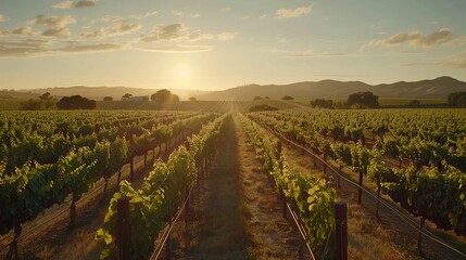 Fototapeta premium A picturesque vineyard with rows of grapevines stretching towards the horizon, as travelers stop to sample local wines and enjoy vineyard tours along their summer road trip route.