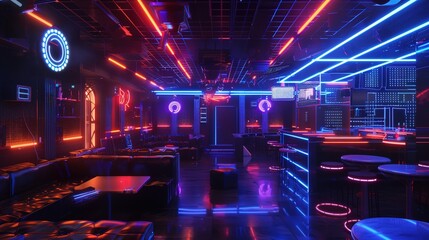 A retro-futuristic nightclub with neon grids, holographic displays, and a cyberpunk aesthetic, transporting visitors to a digital realm.