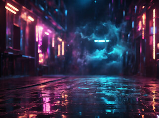 Naklejka premium abstract glowing blur Dark street reflection on wet asphalt Rays of neon light in the dark smoke