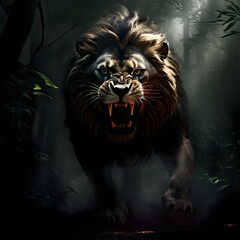 Aggressive lion in the forest or in the jungle with dark view generative in AI.