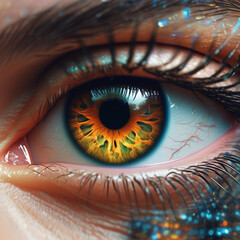 A close-up of a human eye with futuristic digital graphics overlaying the iris. Ai generative 