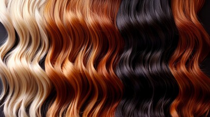A close-up view of wavy blonde, copper, and black hair textures against a black background.