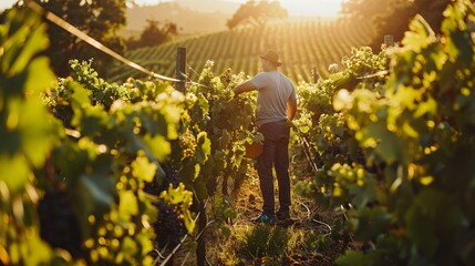 Unidentified vineyard employee meticulously cares for thriving grapevines in a sunny vineyard displaying customary cultivation techniques.